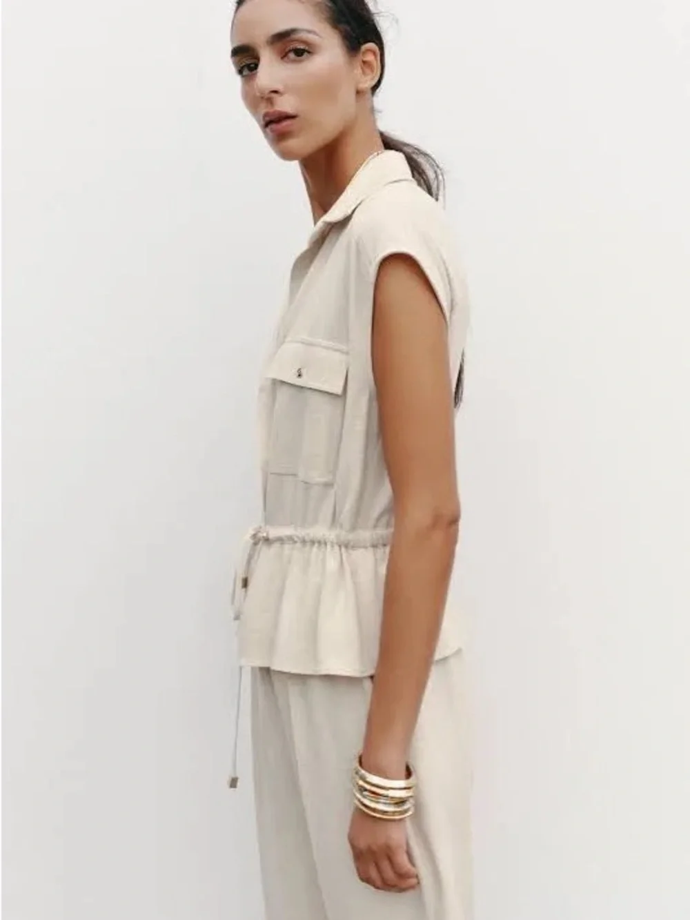 NWT Zara Linen Blend Summer Flowy Jumpsuit Sleeveless Drawstring Minimalist M